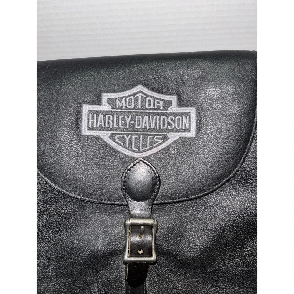 Vintage Harley Davidson Black/White Speckled Leather Backpack/Bar & Shield - Picture 2 of 9